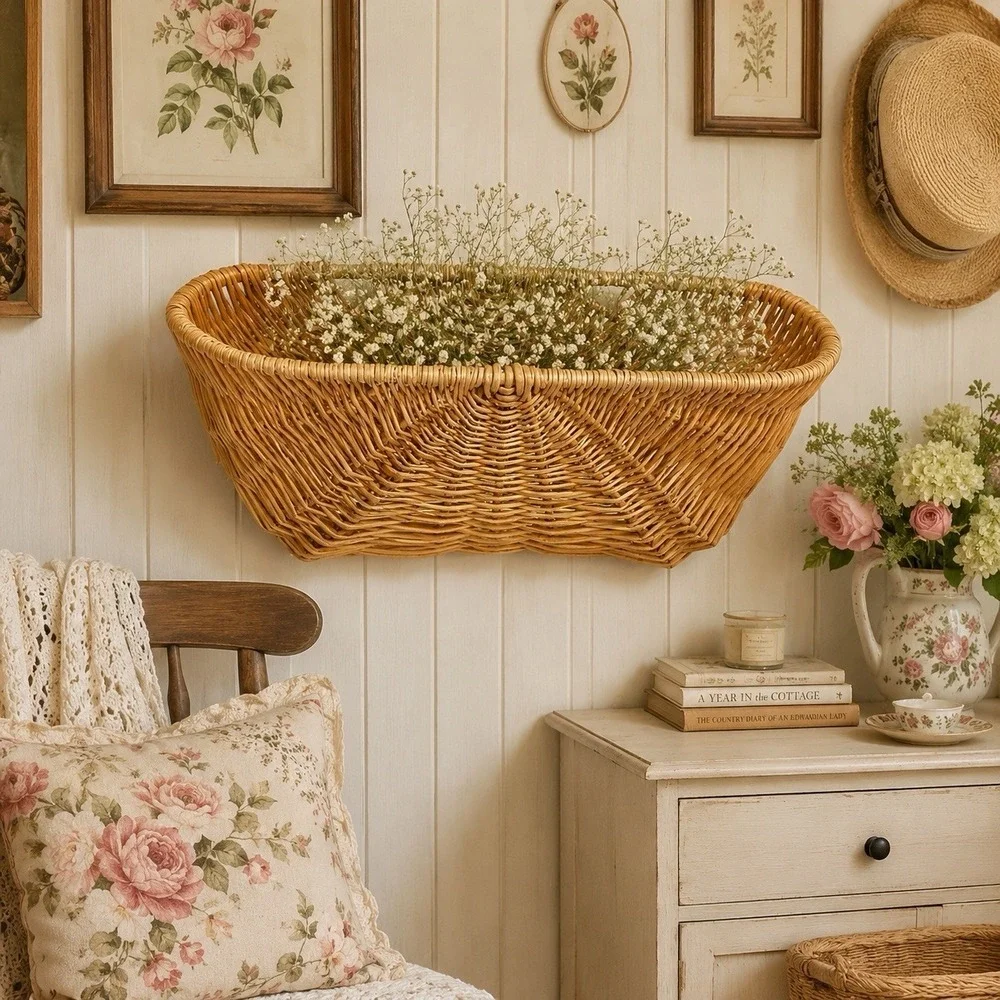 Vintage Wicker Wall Pocket Basket Hanging Cottagecore Boho Floral Decor 19in